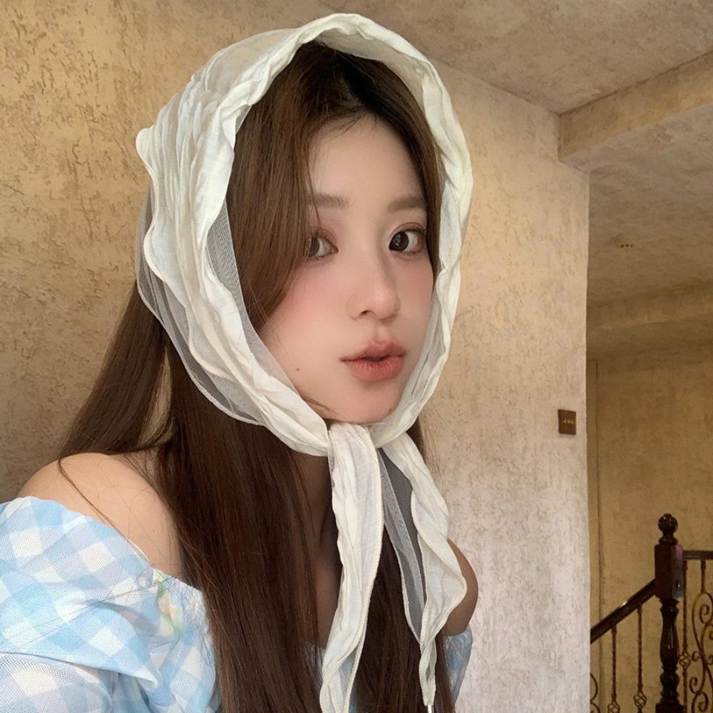 Solid Color Hair Silk Scarf Pearl Triangle Bandana Elegant Triangle Hair Band  Streetwear