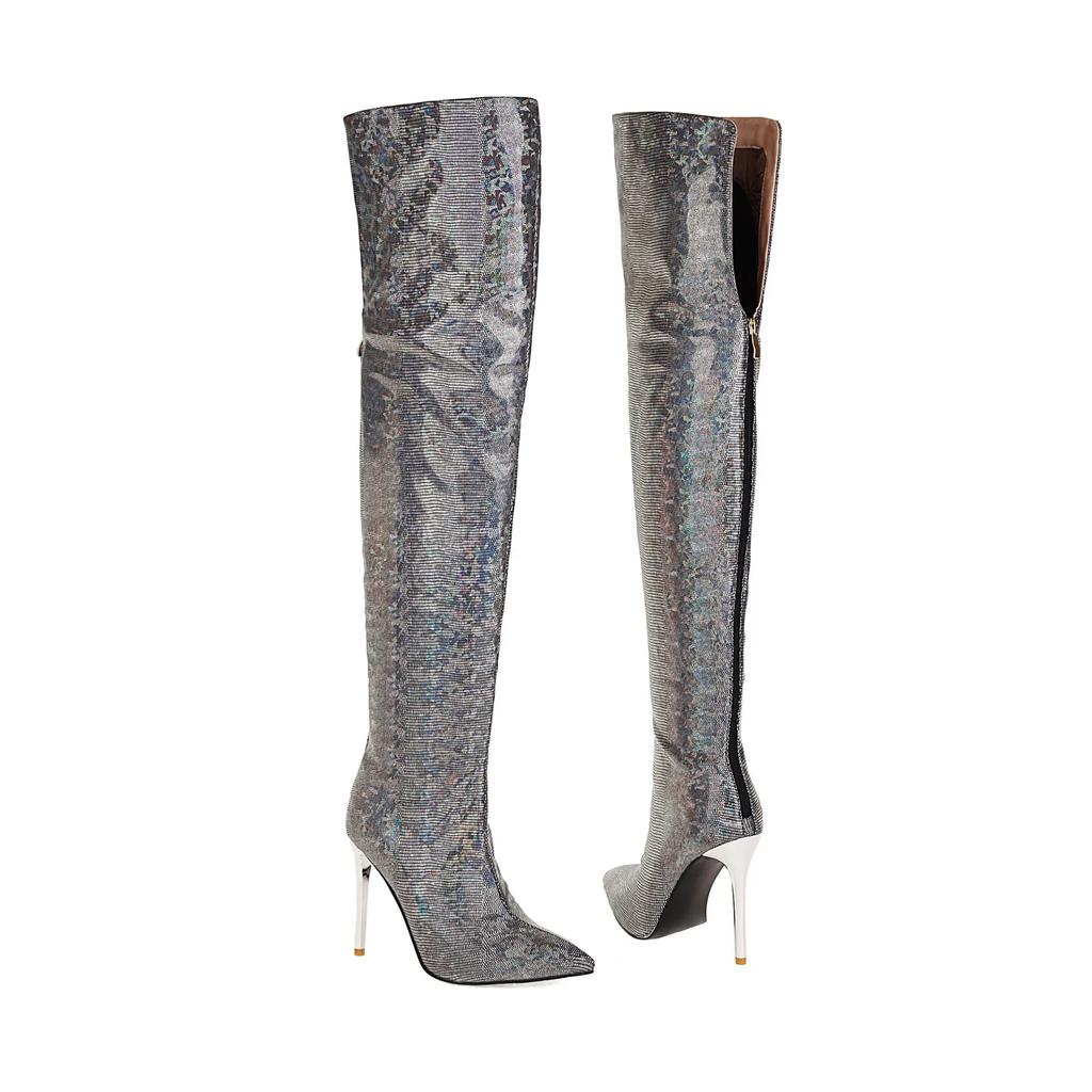 Ladies Pointed Bling Diamond Thigh Boots Rhinestone Boots Printed Retro Over The Knee Boots Transparent Stiletto High Heels Size