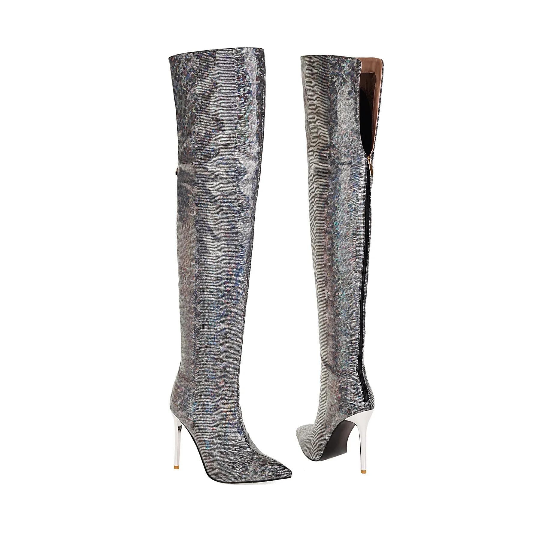

Ladies Pointed Bling Diamond Thigh Boots Rhinestone Boots Printed Retro Over The Knee Boots Transparent Stiletto High Heels Size 43