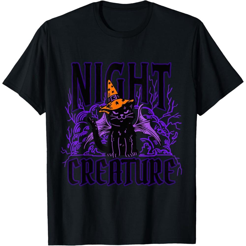 Night Creature Halloween Black Cat Witch Hat T Shirt XS чёрный
