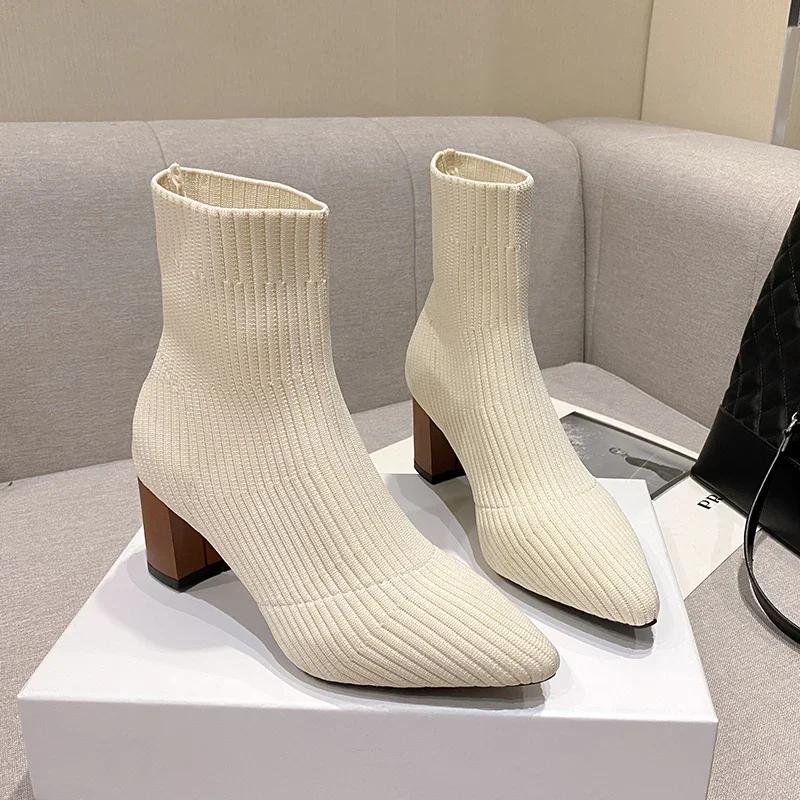 Winter Knitting Sock Boots Women Shoes High Heels Pointed Toe Ankle Boots Brand 2025 Trend New Comfort Elegant Dress Botas Mujer