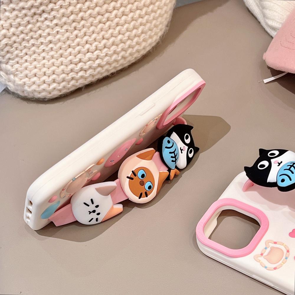 KEYSION Süße Farben 3D Katzenkopf Armband Handyhülle für iPhone 13 14 15 16 17 Pro Max Silikon Ständer Stoßfeste Rückseite