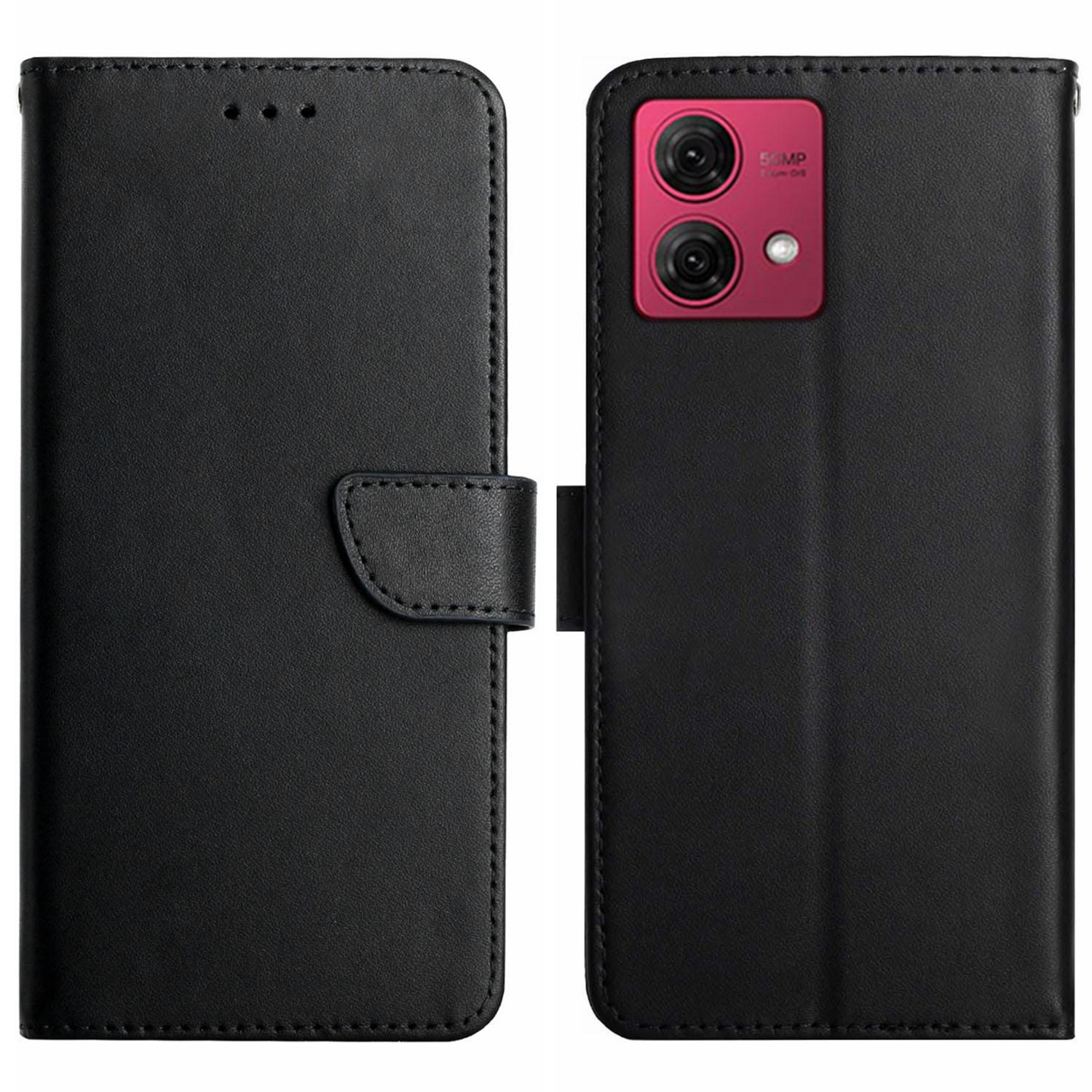 

HT02 For Motorola Moto G84 5G Fingerprint Free Genuine Cow Leather Phone Cover Stand Wallet Case Black