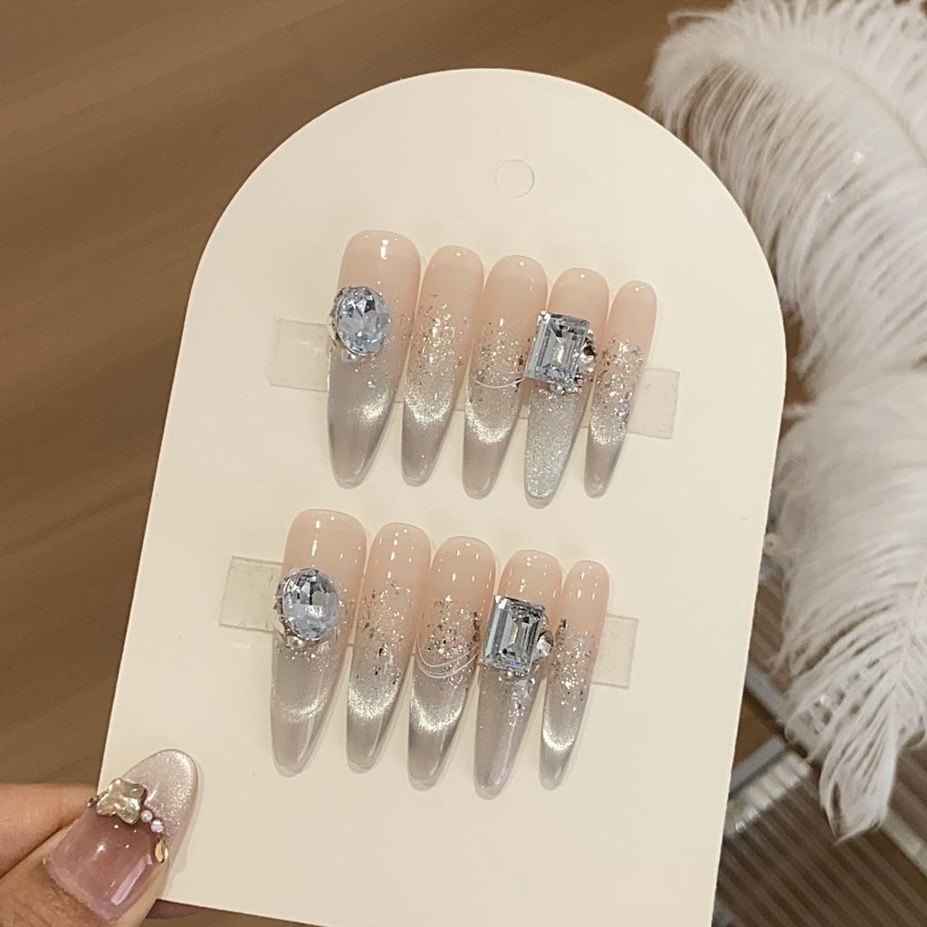 Lucrat manual Culoare Nud Gradient Ochi de Pisică Francez Paiete Grămadă Diamant Rotund Diamant Pătrat Verde Deschis Albastru Purtare Armură