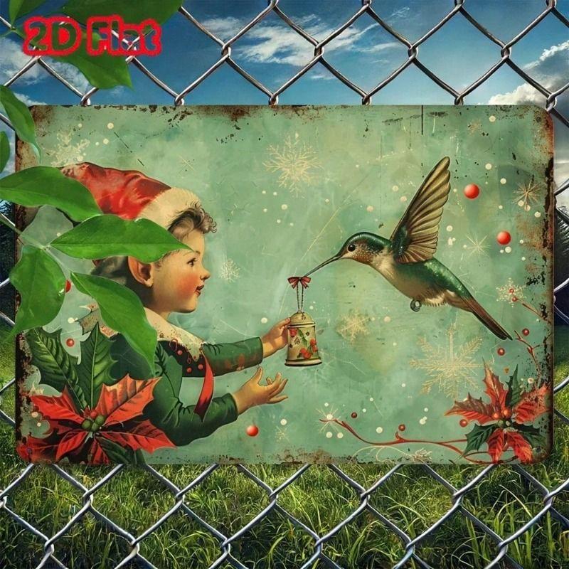 

Vintage Metal Poster Christmas Elf with Hummingbird Wall Art Home Decor