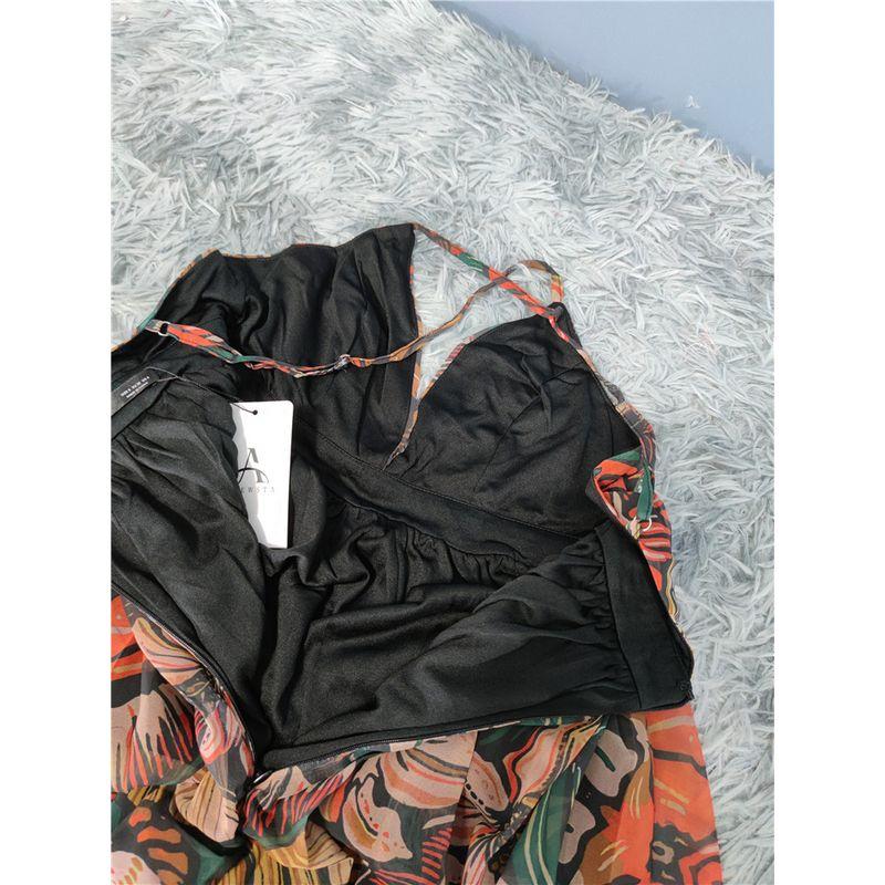 Foreign Trade Order Lu's Exquisite Chiffon Swing Skirt Waist-Slimming Slimming Dress Sling V-neck Formal Dress Print Long Dress