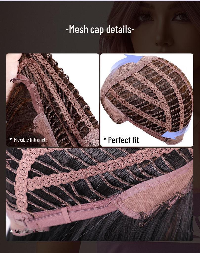 Perruque brune longue et lisse avec frange: Ensemble de tête complète de style européen et américain, à la mode et naturel