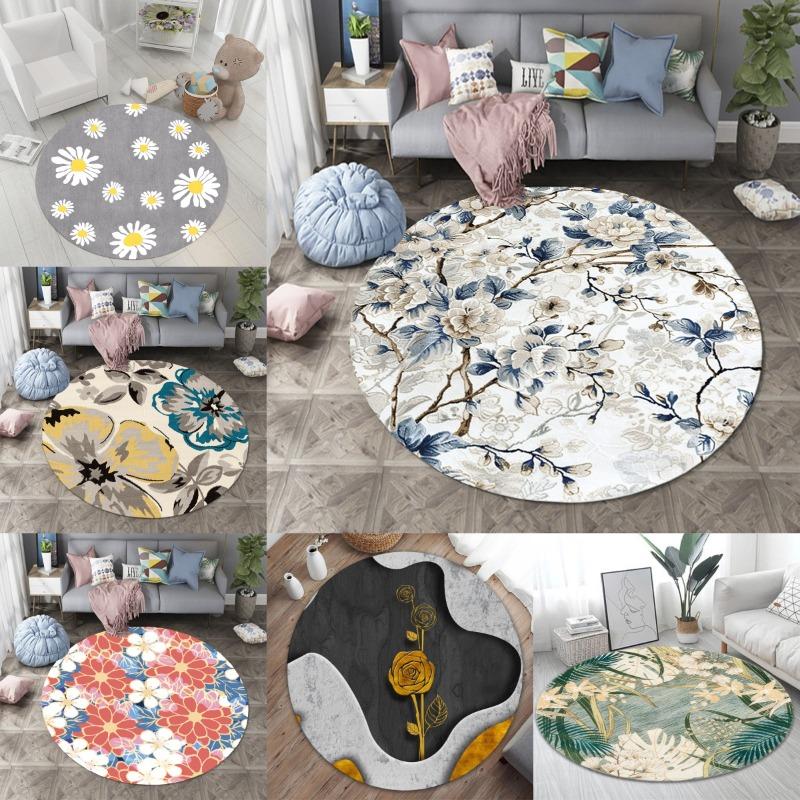 Artistic Modern Colorful Floral Round Rug – Daisy  Rose Nature-Inspired Mat for Living Room, Bedroom  Office