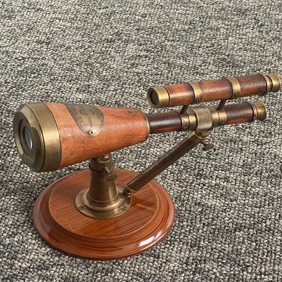 Victorian Double-Leaf Telescope with Leather and Wooden Base