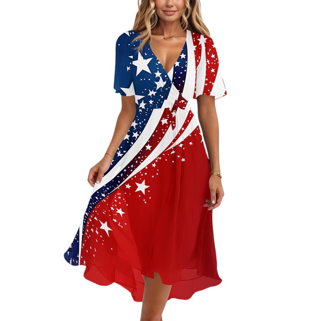Women's Casual V-Neck Short-Sleeve Independence Day Print Dress