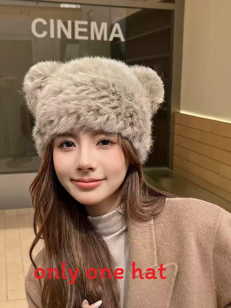 Cartoon Style Wool Beanie With Plush Fur Material And Adjustable Fit For Casual Wear