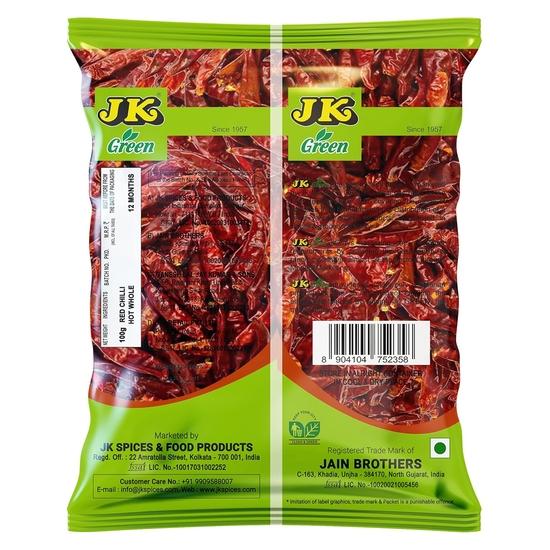 JK Red Chilli Whole, 100 Grams | (Pack of 1) | 100% Natural Laal Mirch | Organic Indian Spices | Great for Curries, Chutneys & More