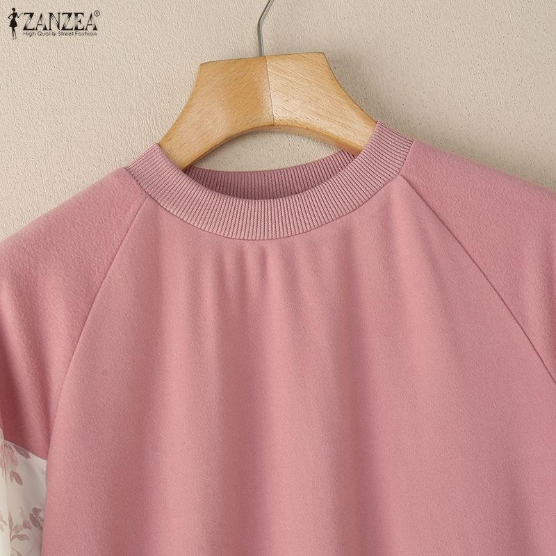 ZANZEA Women Casual Round Neck Splice Long Sleeve Loose Blouse