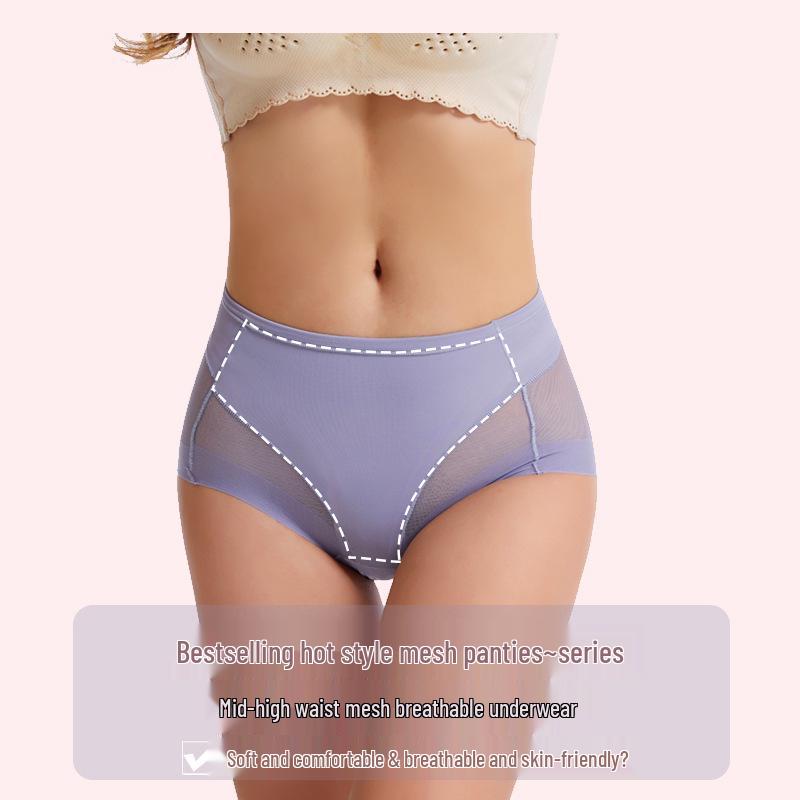 Women's Mid-Waist Briefs - Transparent Mesh, Comfortable Ice Silk, Plus Size