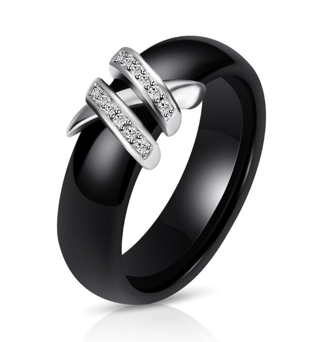 New Arrival 6mm High Quality Black and White Simple Style Two Line Crystal Ziron Ceramic Rings for Women