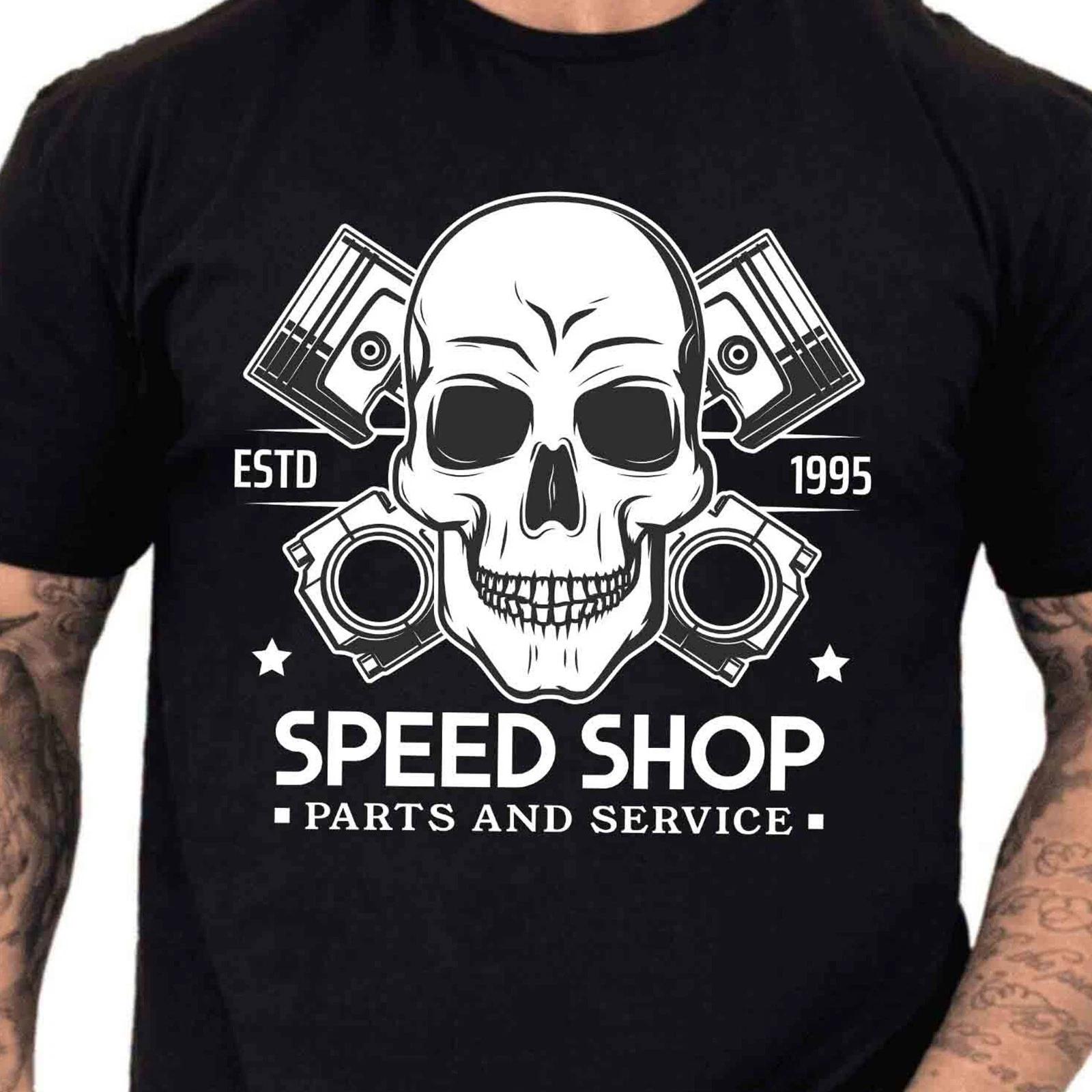Speed Shop Skull Piston Mechanic Biker Hot Rod Garage Vintage Graphic T-Shirt. S