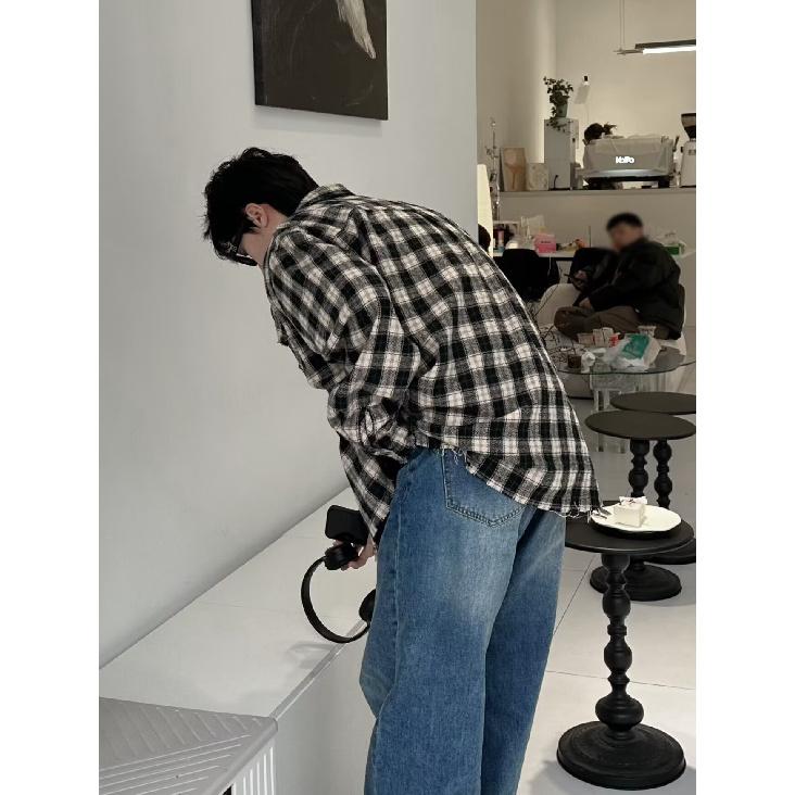 American Fashion Brand Brushed Hem Plaid Embroidered Shirt Spring and Autumn Men's and Women's Casual All-Matching Niche Shirt