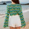 Spring/summer New Women's Pullover Patchwork Short Sleeve Crewneck Striped Knit Bikini Beach Cover-up