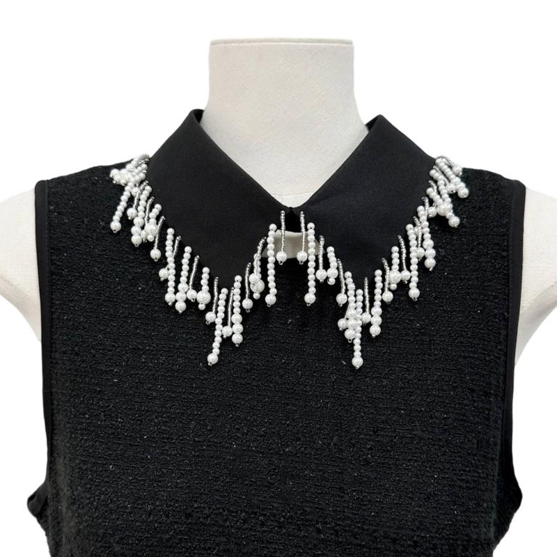 Elegant Pearls Beaded Tassels Trim Detachable Faux Collar for Women Fashionable Bib Choker Necklace Clothing Accessory