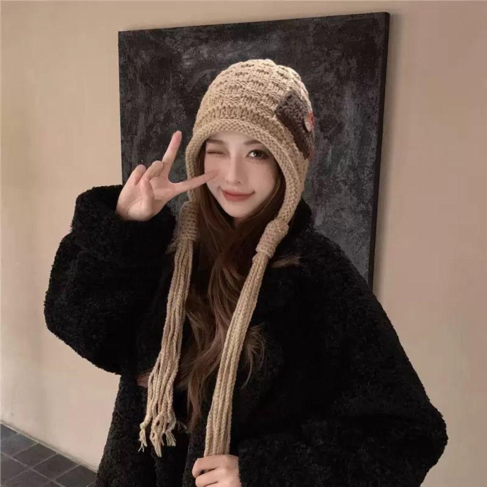 Warm Crochet Knitted Hat Long Tassels Lei Feng Hat Cute Knit Beanies  Girls