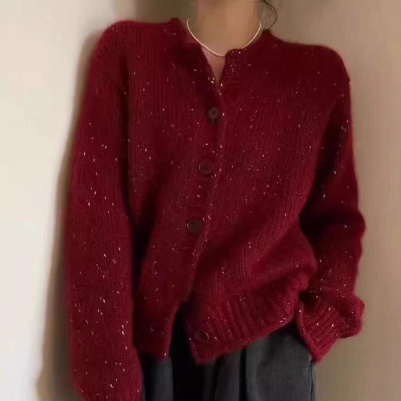 Wool Cardigan Women'S New Year'S Red Round Neck Bright Silk Thickened Knitted Sweater Loose Lazy Wool Sweater Jacket Top