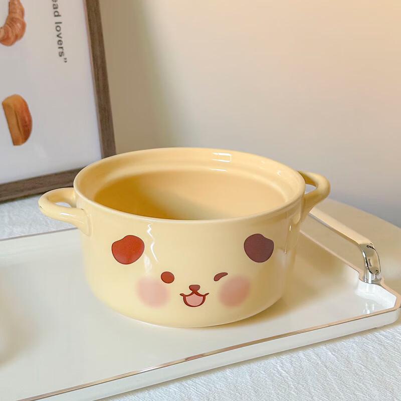 Ceramic Double-Handle Noodle Bowl with Cream Dog Design
