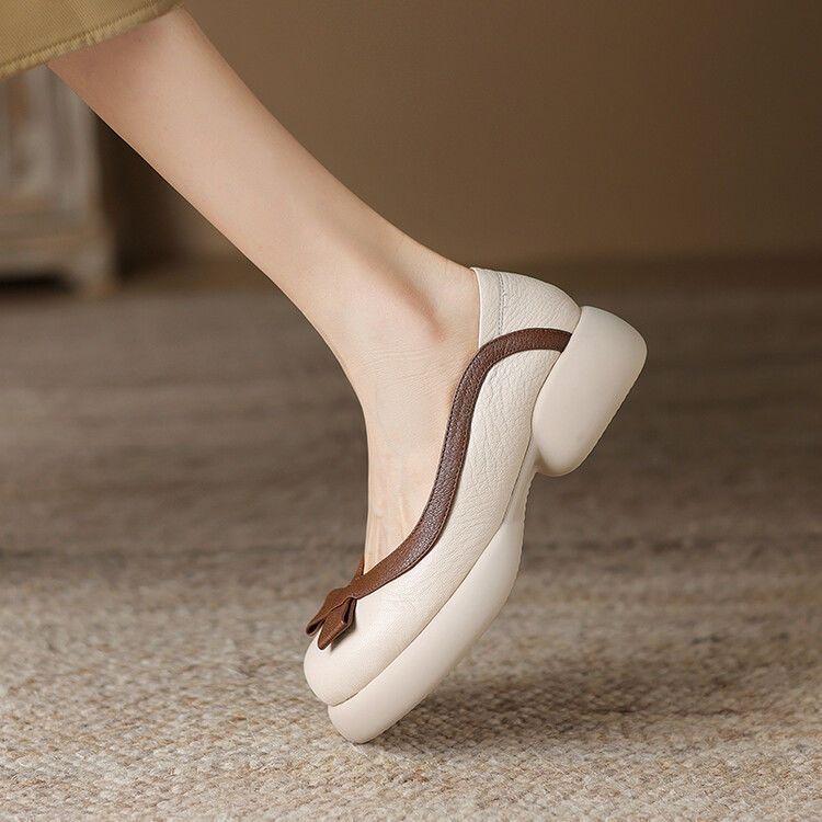 2025 Retro Brown Camellia Leather Round-Toe Loafers with Thick Soles for Spring & Autumn