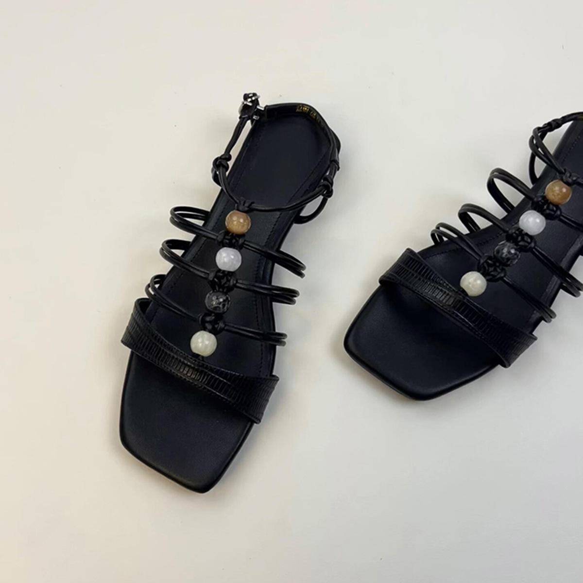 

Sheepskin version~ Square head retro vacation style beaded word with Roman sandals low heel open toe with skirt beach shoes 40