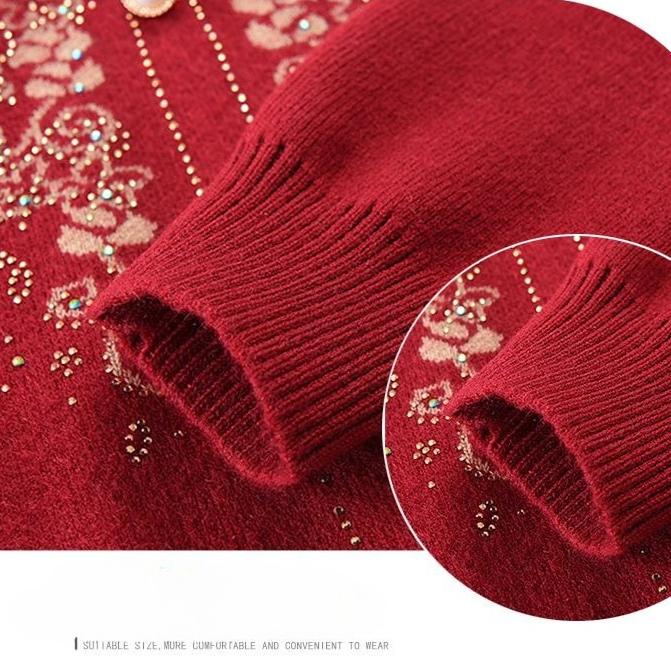 Women's Round Neck Printed Sweater Autumn Winter Rhinestone Plus Size Pullover Knitwear Loose Knit Top
