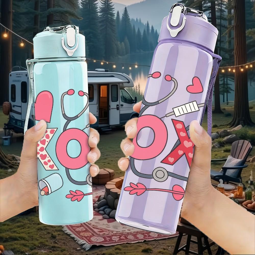 1PC XOXO Love Heart 750ml Color Plastic Sports Water Bottle Leakproof Flip Straw Lid Suitable for Sports Office Home Use