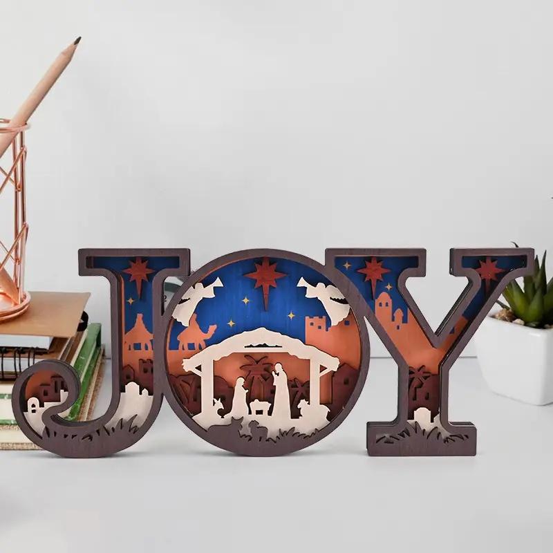 Wooden JOY Nativity Scene Decoration - Festive Holiday Decor with Manger, Mary, Joseph, Star of Bethlehem, Ideal Gift for Home, Office, Parties