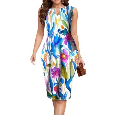 Robe grande taille pour femme sans manches col rond imprimé élégante moulante longueur genou