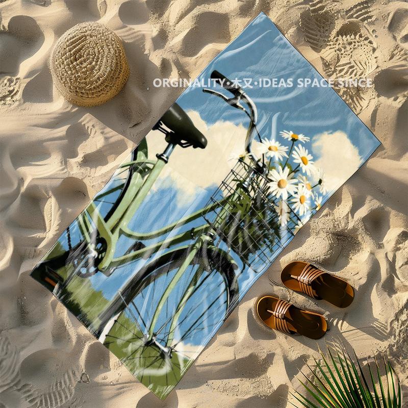 Vintage Daisy Bike Beach Towel Patterned Sunscreen And Windproof Suitable For Swimming Pool Camping Travel Blanket