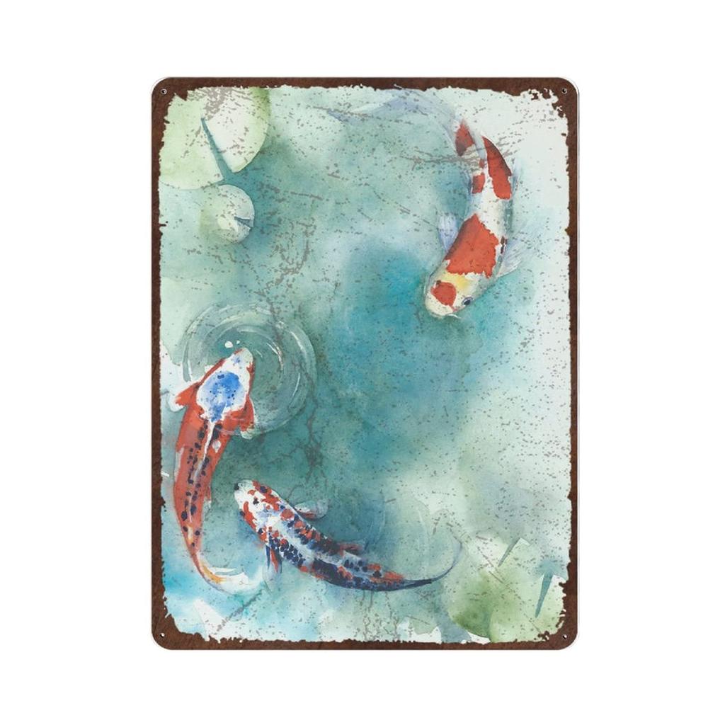 Vintage Tin SignMetal Plate Decorative SignKoi Fish Painting Zen Wall Art Koi ArtZen Painting Koi Fish Wall DecorIron Wal