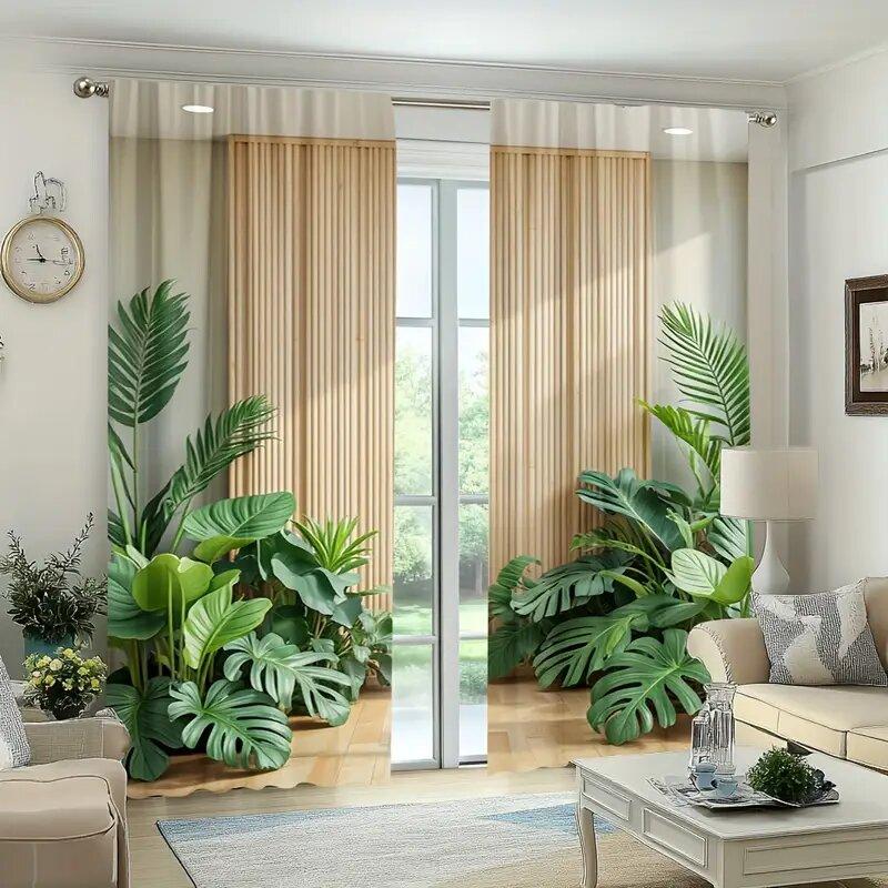 Plant and bamboo hedge printed curtains, bedroom, living room and kitchen decoration, home decoration, window decoration