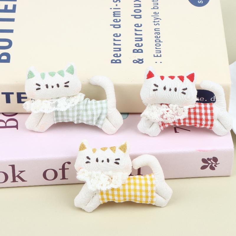 Soft Plaid Fabric Stuffed Kitten Ornament Cute Plush Cat Patch DIY Handmade Accessory for Scrapbooking Clothes Bag Decor