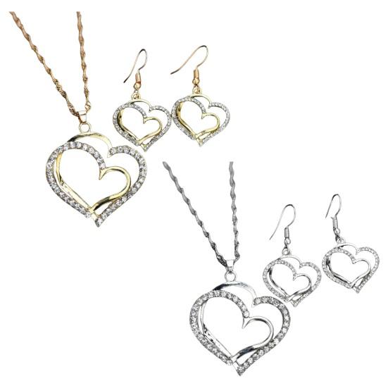 1 Set Women Necklace Earrings Set Hollow Out Heart Shape Rhinestone Decor Prom Party Hanging Earrings Pendant Clavicle Necklace
