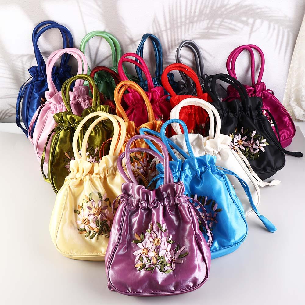 Leaf Embroidery Flower Handbag Ethnic Style Small Purse Wallet Hanfu Drawstrings Bag Shopping
