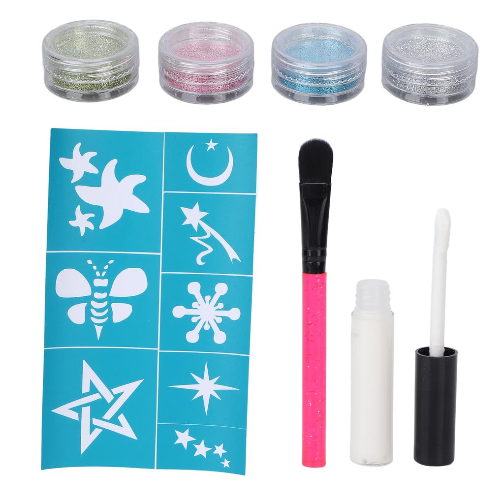 4 Colors Face Body Glitter Powder Children Shiny Temporary Tattoo Nail Art Glitter with Glue Template