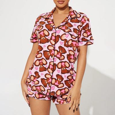 Pajama Lapel Printed Short-sleeved Shirt and Shorts Two-piece Set for Women's Home Wear