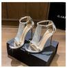One-word Strap High Heels Women's 2025 New Summer Rhinestone Thin Heel Temperament Socialite Open-toed Sexy Gold Sandals