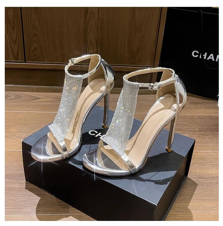 One-word strap high heels women's 2025 new summer rhinestone thin heel temperament socialite open-toed sexy gold sandals