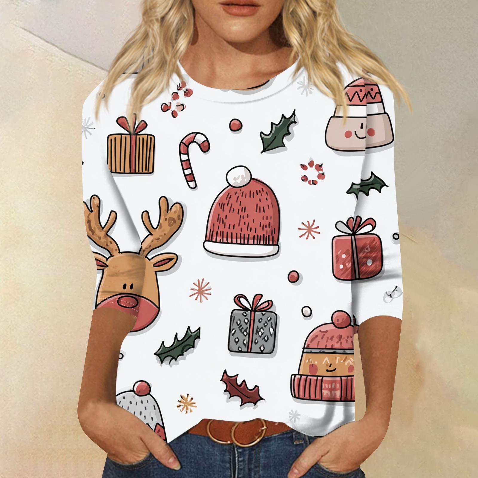 

Женская модная повседневная футболка с круглым вырезом и рукавом три четверти с рождественским принтом XXXXXL белый
