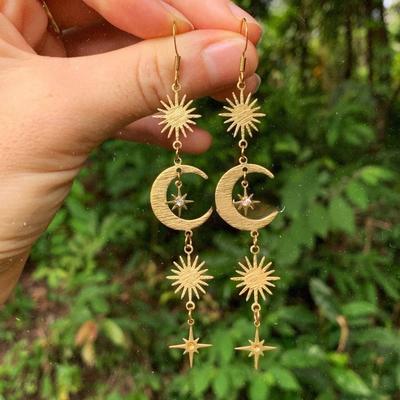 Bohemia Gold Color Stainless Steel Sun Crescent Moon Inlaid Zircon Miscanthus Awn Star Pendant Dangle Earrings for Women Jewelry