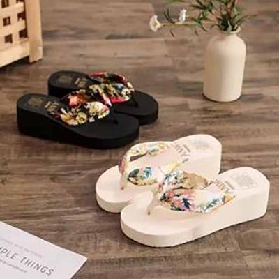 Summer Women Bohemian Satin Cloth Strap Thick Bottom Slope Heel Flip Flops Sandals Beach Shoes
