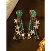 1 Pair of Retro Blue Multi-element Star and Moon Round Face Leaf Fringe Earrings