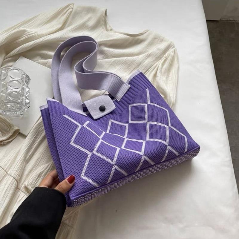 

Candy Color Knitted Mobile Phe Tote Bag Rhombic Design Woven Small Shopper Handbag Shoulder Bag For Women 29x7x23cm фіолетовий