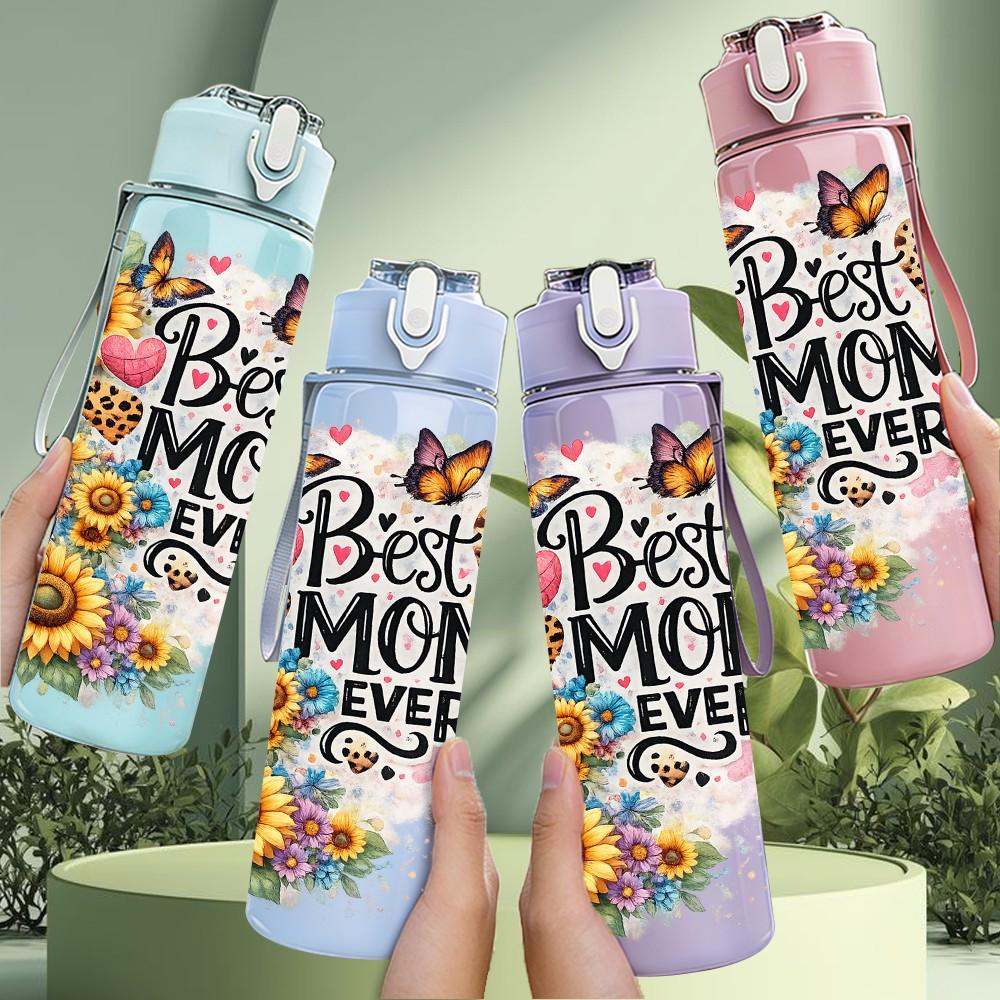 1PC Best Mom Ever Sunflower Quote Print 750ml Color Plastic Sports Water Bottle Leakproof Flip Straw Lid Suitable for Sports Office Home Use