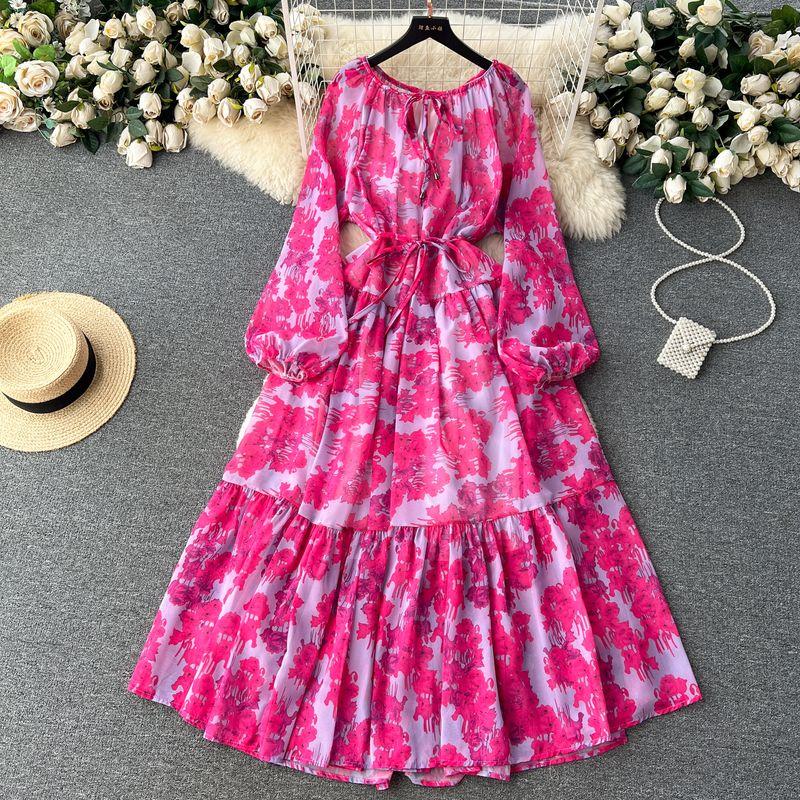 

Retro Lantern Sleeve Lace-up Stylish Floral Dress Rose Red All yards