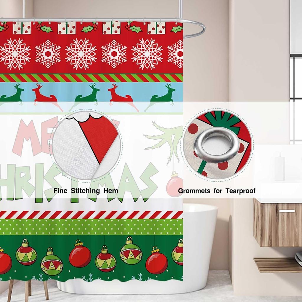 Christmas Shower Curtain Set - Holiday Bell/Christmas Tree/Snowflake Design, Waterproof Fabric, Winter Bathroom Decoration